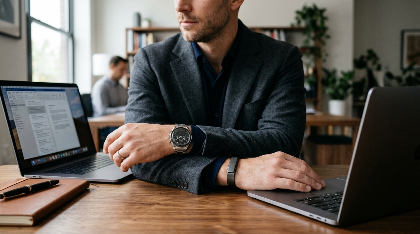 Professional wearing a traditional luxury watch on one wrist and the discreet screenless Skyline VitalsBand health band on the other wrist