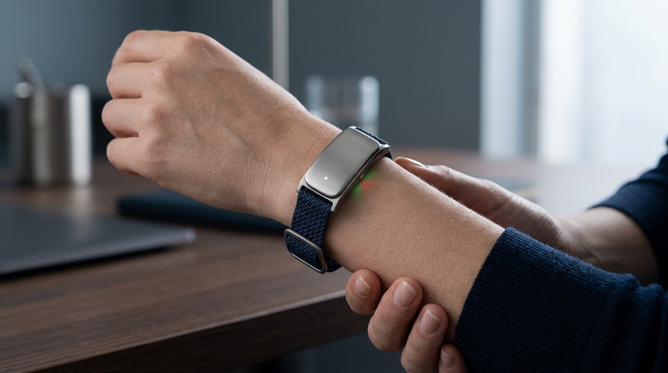 Sleek modern titanium Skyline VitalsBand screenless health band worn on wrist showing subtle status LED and continuous clinical sensor telemetry